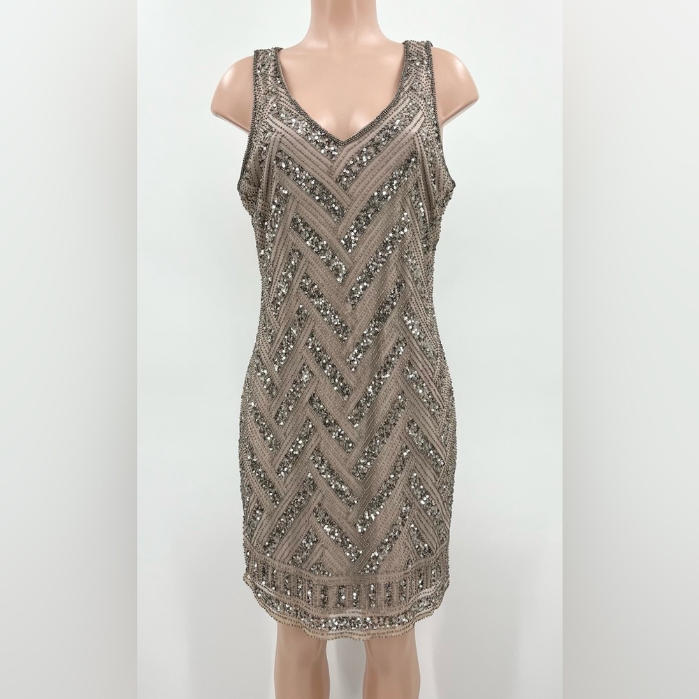 Pisarro Nights Sequined Sleeveless V-Neck Beaded Dress Size 16